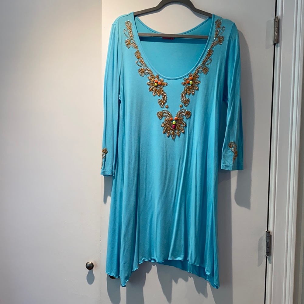 Aqua blue with beaded neck line and sleeves